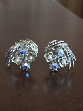 Silver Floral Pearl & Aurora Crystal Clip-On Earrings